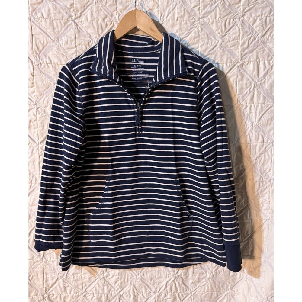 L.L.Bean Petite Medium Navy White Stripe Quarter Zip Pullover Kangaroo Pocket
